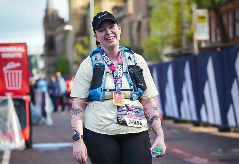 Cat Heron after she has finished the Manchester Marathon